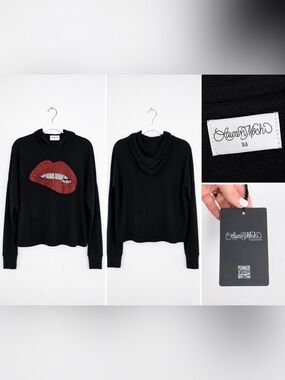 Lauren Moshi Black Hoodie with Red Lip Graphic and Silver Teeth